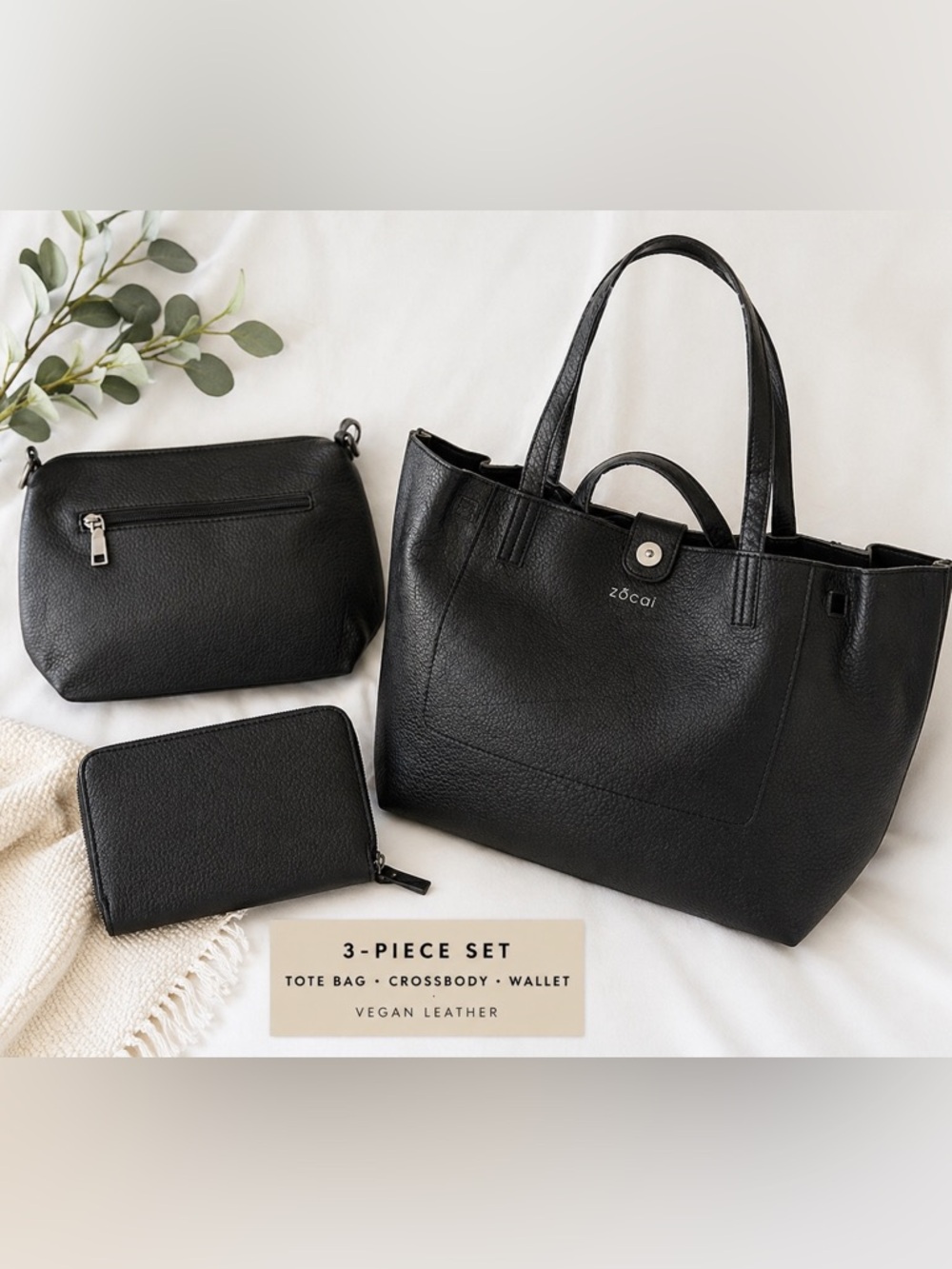 NWT Black Women's vegan leather 3-piece Tote Bag, wallet and small crossbody.